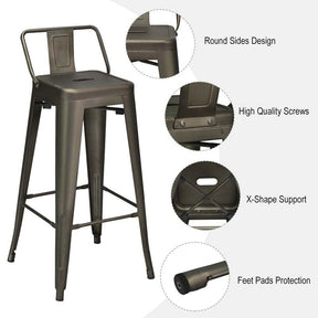 Industrial Stackable Metal Bar Stools Set of 4, 30" Low Back Bar Height Chairs with Removable Back & Footrest for Kitchen Island Indoor Outdoor