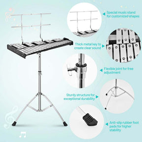 32 Notes Professional Glockenspiel Bell Kit, Percussion Xylophone with Adjustable Stand, Music Stand, 8'' Practice Pad, Carrying Bag