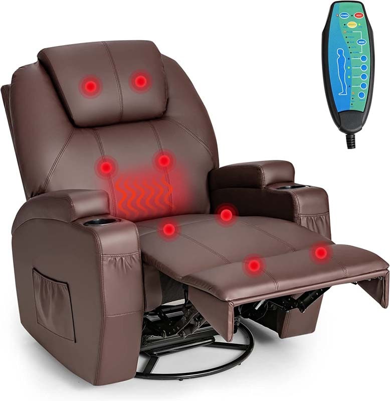360 Degree Swivel Massage Recliner Chair Leather Glider Rocker Lounge Chair with Remote Control and Lumbar Heating for Nursery
