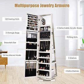 360° Rotating Jewelry Armoire with Higher Full Length Mirror, 3-in-1 Freestanding Lockable Jewelry Cabinet Organizer