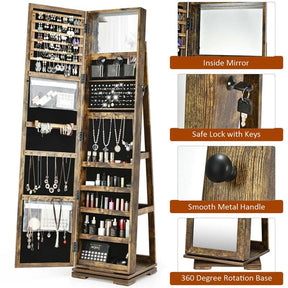 360° Rotating Jewelry Armoire with Higher Full Length Mirror, 3-in-1 Freestanding Lockable Jewelry Cabinet Organizer