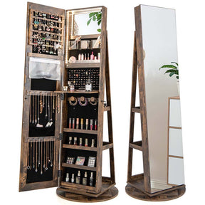 360° Swivel Jewelry Armoire with Full-Length Mirror, Lockable Jewelry Cabinet Standing Organizer w/Rear Storage Shelves 3-Color LED Lights