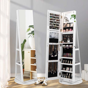 360° Swivel Jewelry Armoire with Full-Length Mirror, Lockable Jewelry Cabinet Standing Organizer w/Rear Storage Shelves 3-Color LED Lights