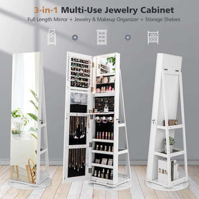 360° Swivel Jewelry Armoire with Full-Length Mirror, Lockable Jewelry Cabinet Standing Organizer w/Rear Storage Shelves 3-Color LED Lights