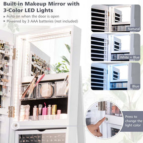 360° Swivel Jewelry Armoire with Full-Length Mirror, Lockable Jewelry Cabinet Standing Organizer w/Rear Storage Shelves 3-Color LED Lights