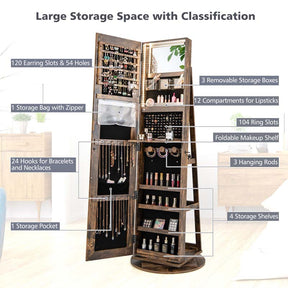 360° Swivel Jewelry Armoire with Full-Length Mirror, Lockable Jewelry Cabinet Standing Organizer w/Rear Storage Shelves 3-Color LED Lights