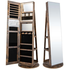 360° Swivel Jewelry Armoire with Full-Length Mirror, Lockable Jewelry Cabinet Standing Organizer w/Rear Storage Shelves 3-Color LED Lights