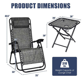 3 Pcs Folding Zero Gravity Recliner Patio Yard Pool Outdoor Chaise Lounge Chairs Table Set