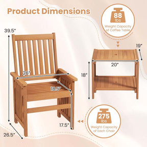 3Pcs Patio Conversation Furniture Set with 1.5" Umbrella Hole, Hardwood Table and Chairs Set for Porch Backyard Poolside
