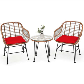 3 Pcs Patio Conversation Bistro Set Outdoor Rattan Furniture Set with Round Table & 2 Rattan Cushioned Armchairs