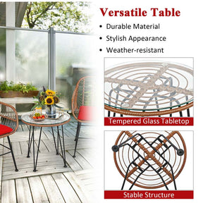 3 Pcs Patio Conversation Bistro Set Outdoor Rattan Furniture Set with Round Table & 2 Rattan Cushioned Armchairs