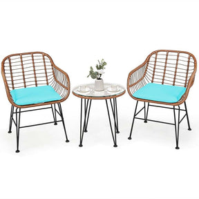3 Pcs Patio Conversation Bistro Set Outdoor Rattan Furniture Set with Round Table & 2 Rattan Cushioned Armchairs