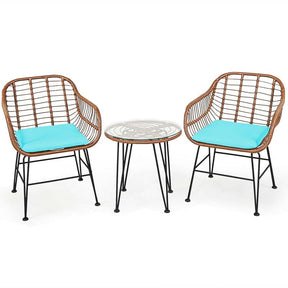 3 Pcs Patio Conversation Bistro Set Outdoor Rattan Furniture Set with Round Table & 2 Rattan Cushioned Armchairs