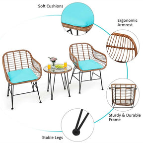 3 Pcs Patio Conversation Bistro Set Outdoor Rattan Furniture Set with Round Table & 2 Rattan Cushioned Armchairs