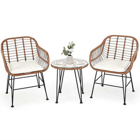 3 Pcs Patio Conversation Bistro Set Outdoor Rattan Furniture Set with Round Table & 2 Rattan Cushioned Armchairs