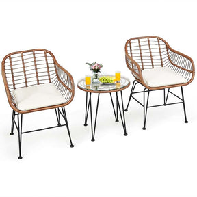 3 Pcs Patio Conversation Bistro Set Outdoor Rattan Furniture Set with Round Table & 2 Rattan Cushioned Armchairs