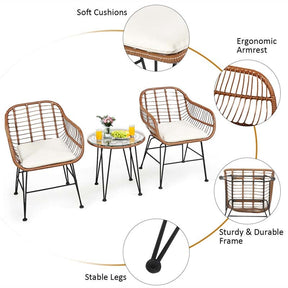 3 Pcs Patio Conversation Bistro Set Outdoor Rattan Furniture Set with Round Table & 2 Rattan Cushioned Armchairs