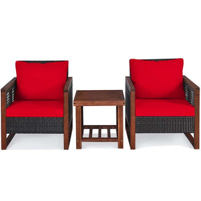 3 Pcs Rattan Patio Furniture Sofa Set Outdoor Conversation Bistro Set with Acacia Wooden Frame & Cushions