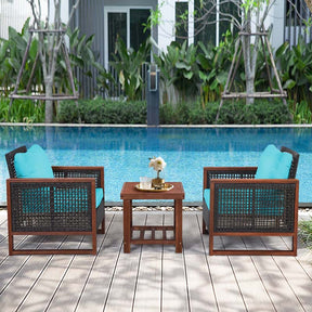 3 Pcs Rattan Patio Furniture Sofa Set Outdoor Conversation Bistro Set with Acacia Wooden Frame & Cushions