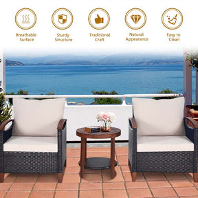 3 Pcs Patio Furniture Set Outdoor Rattan Sofa & Side Table Conversation Bistro Set with Acacia Wood Frame