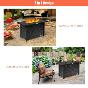 60000 BTU Outdoor Propane Fire Pit Table 42" Rectangular Gas Fire Table with Lava Rock Waterproof Cover