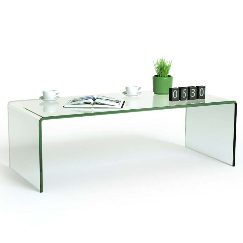 42.5" Modern Clear Tempered Glass Coffee Table with Rounded Edges, Waterfall Center Table Side Table for Living Room & Office, No Assembly