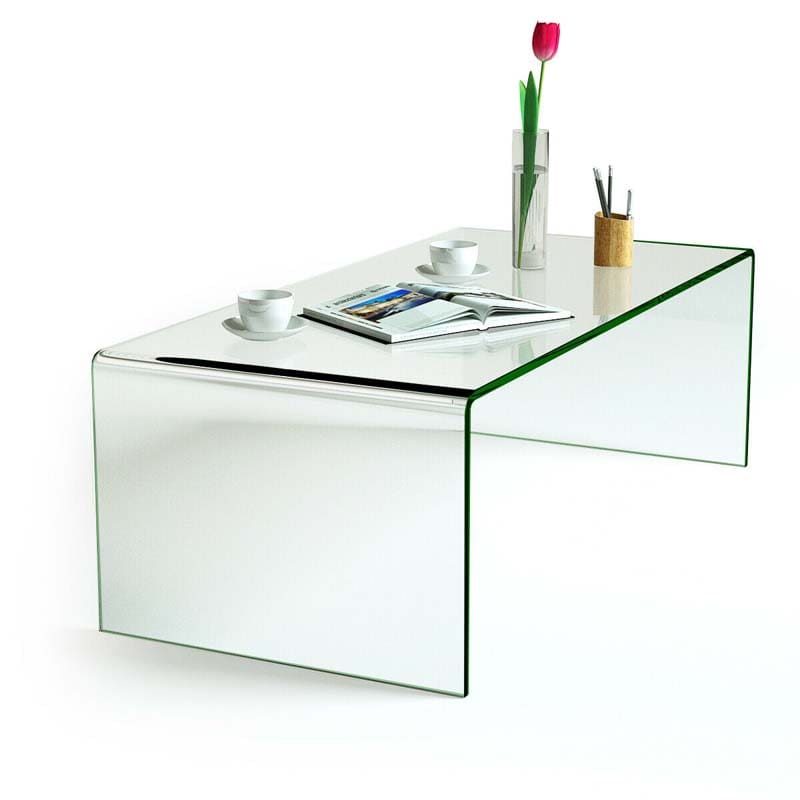 42.5" Modern Clear Tempered Glass Coffee Table with Rounded Edges, Waterfall Center Table Side Table for Living Room & Office, No Assembly
