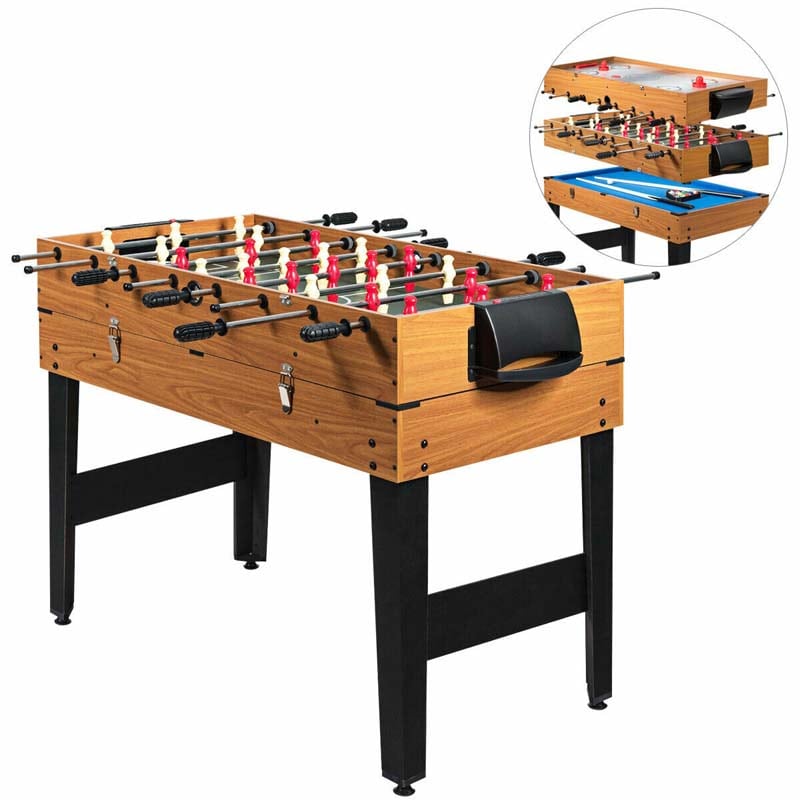 3-in-1 Multi Game Table, 48" Wooden Combo Game Table with Soccer, Billiard, Slide Hockey for Game Room, Home Office, Bar Party