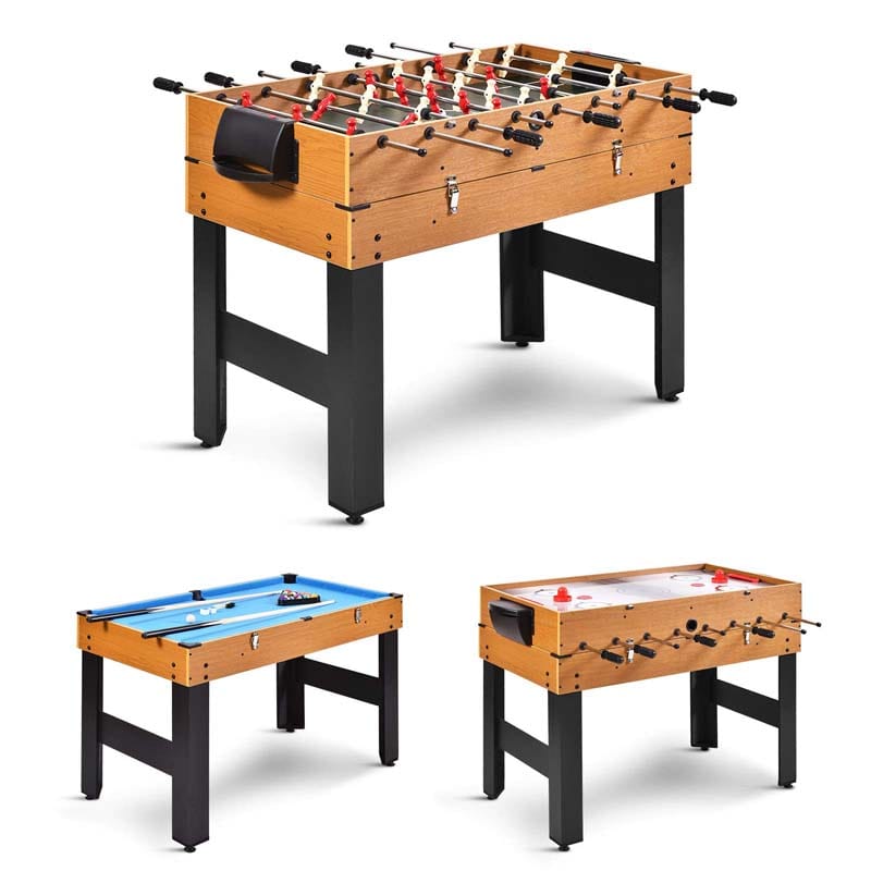 3-in-1 Multi Game Table, 48" Wooden Combo Game Table with Soccer, Billiard, Slide Hockey for Game Room, Home Office, Bar Party