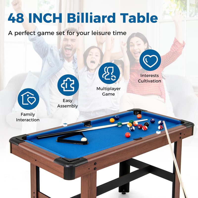 48" Mini Pool Table, Wooden Billiards Table with 16 Balls, 2 Cue Sticks, 2 Chalks, Triangle & Brush for Adults Kids Family Party, Game Room