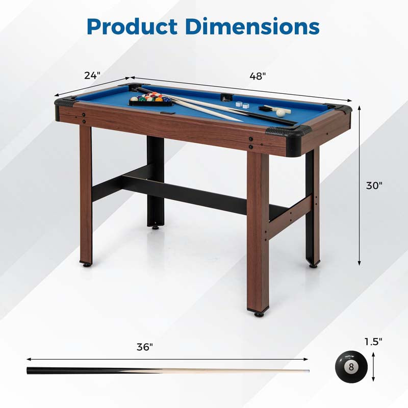 48" Mini Pool Table, Wooden Billiards Table with 16 Balls, 2 Cue Sticks, 2 Chalks, Triangle & Brush for Adults Kids Family Party, Game Room