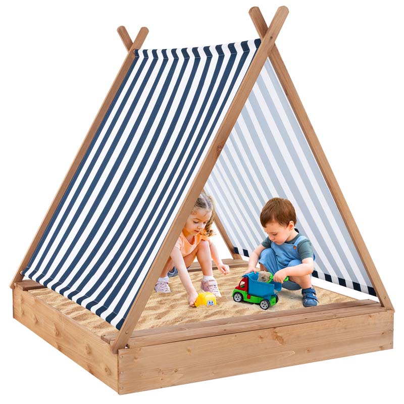 49" x 48" Large Wooden Kids Sandbox w/Cover, 2 Bench Seats, Blue & White Stripes, Outdoor Cabana Sand Pit for Backyard Beach