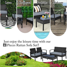4 Pcs Wicker Patio Conversation Furniture Set Outdoor Rattan Sofa Set with Coffee Table & Washable Cushions