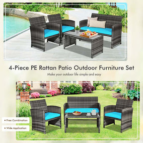 4 Pcs Rattan Wicker Patio Furniture Sets, Outdoor Conversation Sets with Loveseat, Table, Single Sofas