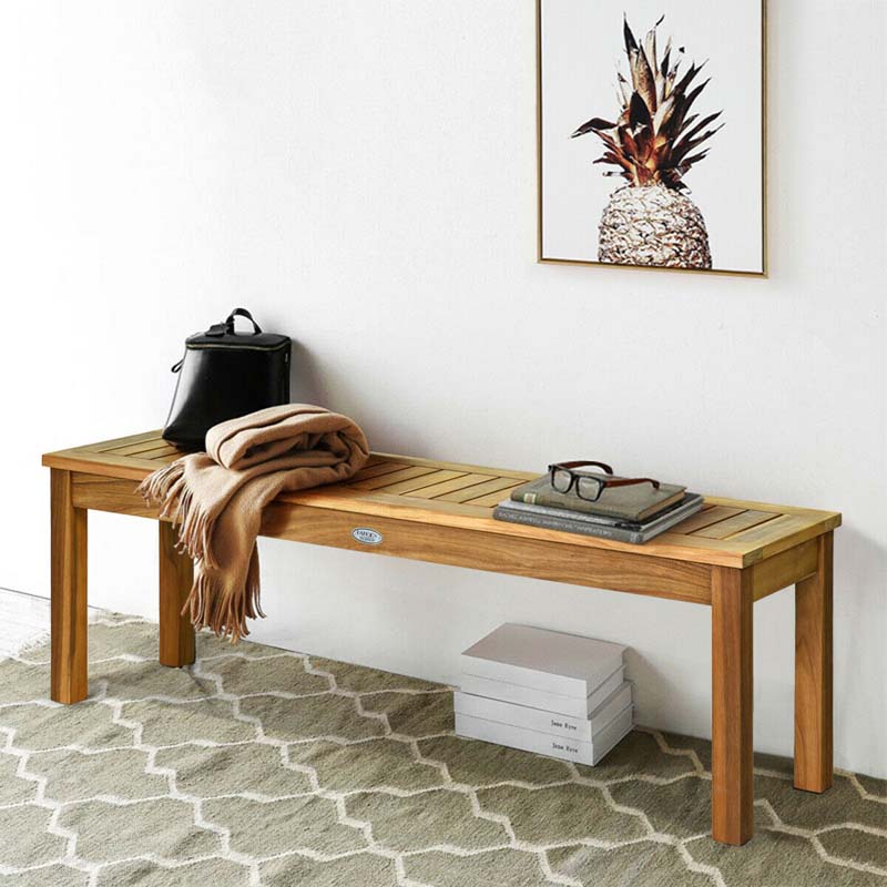 52" Acacia Wood Outdoor Bench Patio Backless Dining Bench Chair with Slatted Seat