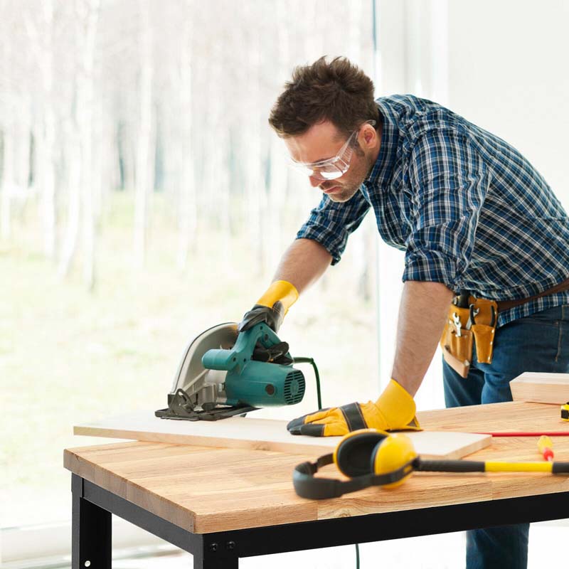 53" Oak Wood Workbench with 3-level Adjustable Heights, Heavy-Duty Steel Work Table Hardwood Workstation