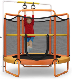 60" 3-in-1 Mini Trampoline for Kids 5Ft Toddler Recreational Trampoline with Gymnastic Rings & Horizontal Bar
