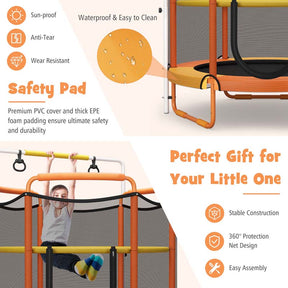 60" 3-in-1 Mini Trampoline for Kids 5Ft Toddler Recreational Trampoline with Gymnastic Rings & Horizontal Bar