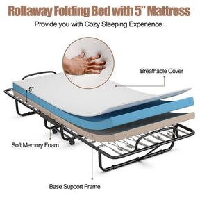 79" x 39" Rollaway Folding Bed with 5" Memory Foam Mattress, Twin Size Portable Guest Bed with Wheels