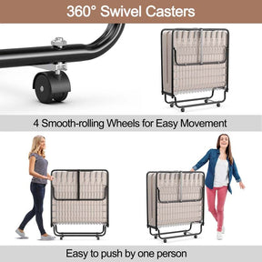 79" x 39" Rollaway Folding Bed with 5" Memory Foam Mattress, Twin Size Portable Guest Bed with Wheels