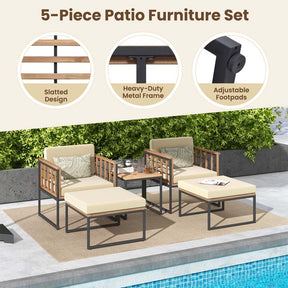 5Pcs Acacia Wood Patio Furniture Set with Ottomans, Outdoor Conversation Set with Soft Cushions & Coffee Table for Poolside Balcony