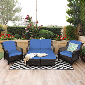 5 Pcs Rattan Wicker Patio Furniture Set with Loveseat, Single Sofas & Ottomans, Outdoor Conversation Sets