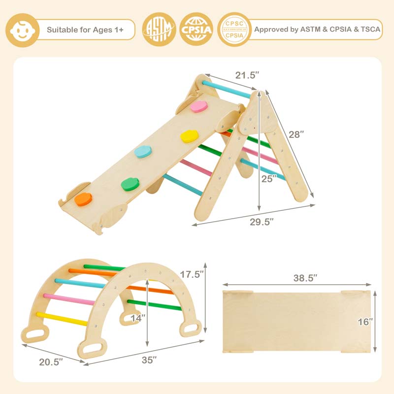 5-in-1 Montessori Wooden Climbing Toys for Toddlers, Arch Climber Ladder with Sliding Ramp, Kids Triangle Climber Play Gym Set