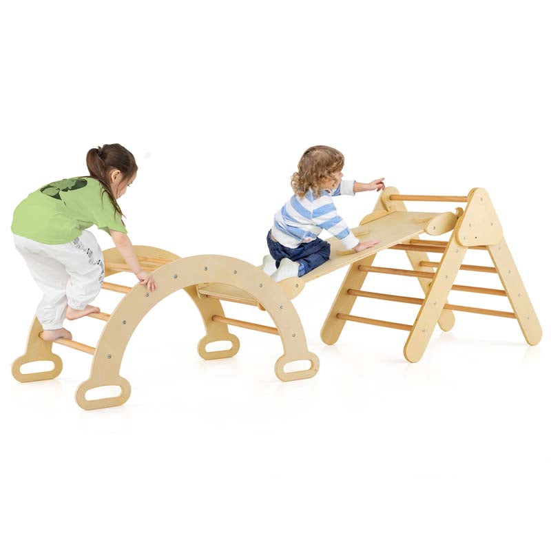 5-in-1 Montessori Wooden Climbing Toys for Toddlers, Arch Climber Ladder with Sliding Ramp, Kids Triangle Climber Play Gym Set