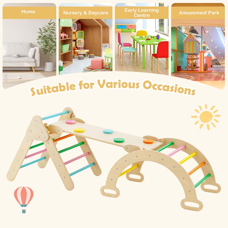 5-in-1 Montessori Wooden Climbing Toys for Toddlers, Arch Climber Ladder with Sliding Ramp, Kids Triangle Climber Play Gym Set