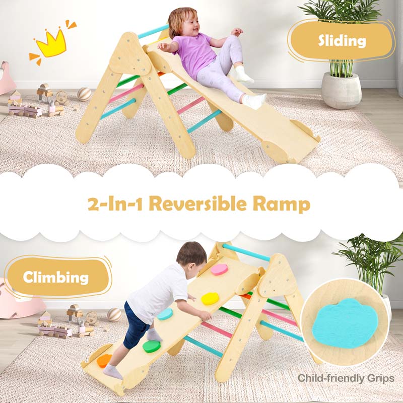 5-in-1 Montessori Wooden Climbing Toys for Toddlers, Arch Climber Ladder with Sliding Ramp, Kids Triangle Climber Play Gym Set