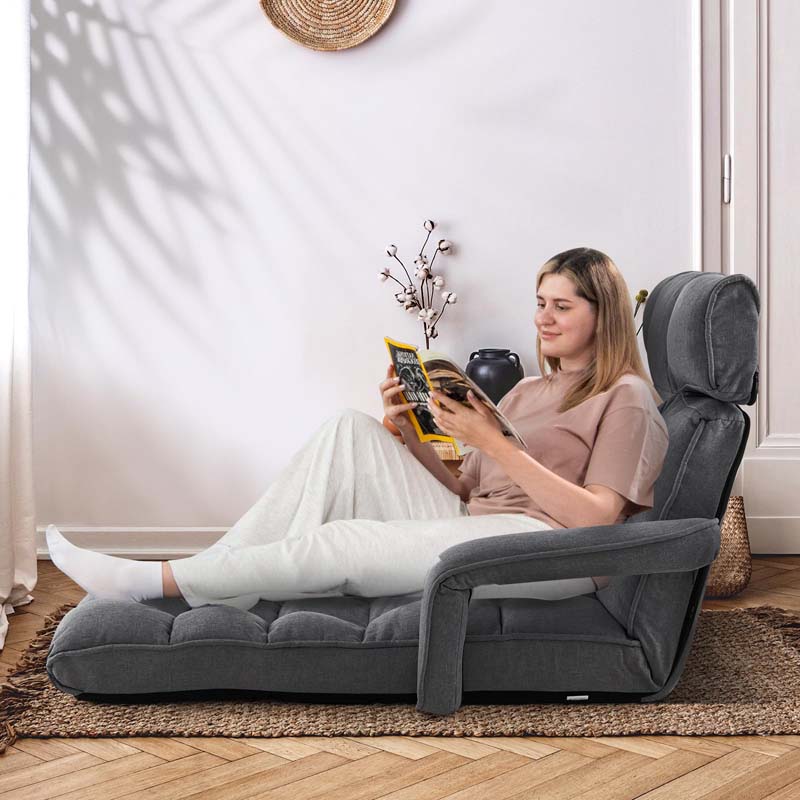 6-Position Adjustable Floor Sofa Bed, Folding Lazy Sofa Chaise Lounger Recliner with Armrests & Footrests for Living Room, Bedroom & Gaming