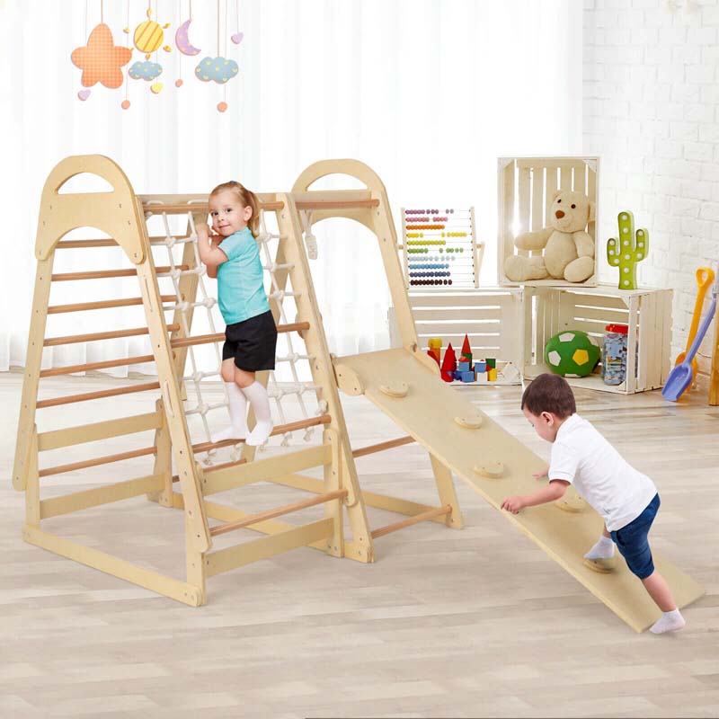 6-in-1 Wooden Kids Jungle Gym Playset with Slide Climbing Net, Indoor Playground Montessori Climbing Toys for Toddlers