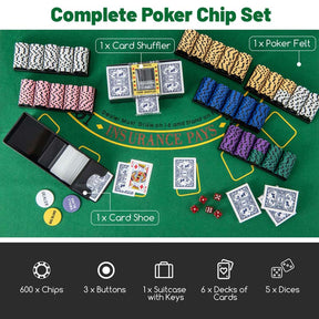 600PCS Poker Chip Set, 14 Gram Clay Poker Chips with Carrying Case & Automatic Card Shuffler for Texas Holdem, Blackjack, Casino, Card Games