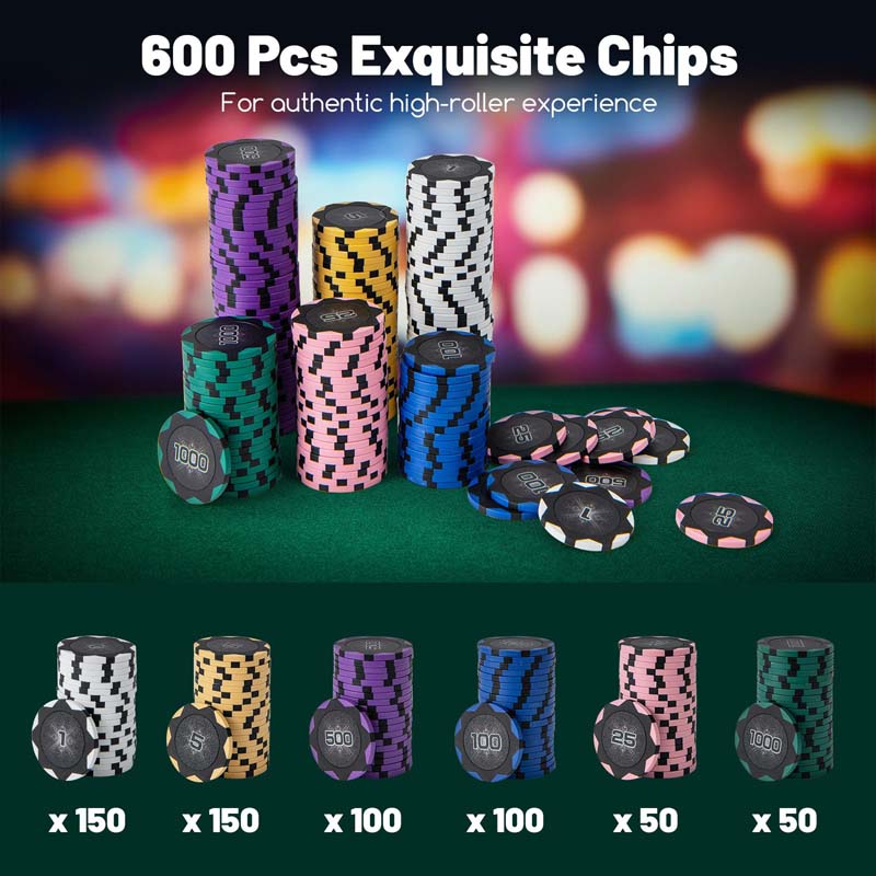 600PCS Poker Chip Set, 14 Gram Clay Poker Chips with Carrying Case & Automatic Card Shuffler for Texas Holdem, Blackjack, Casino, Card Games